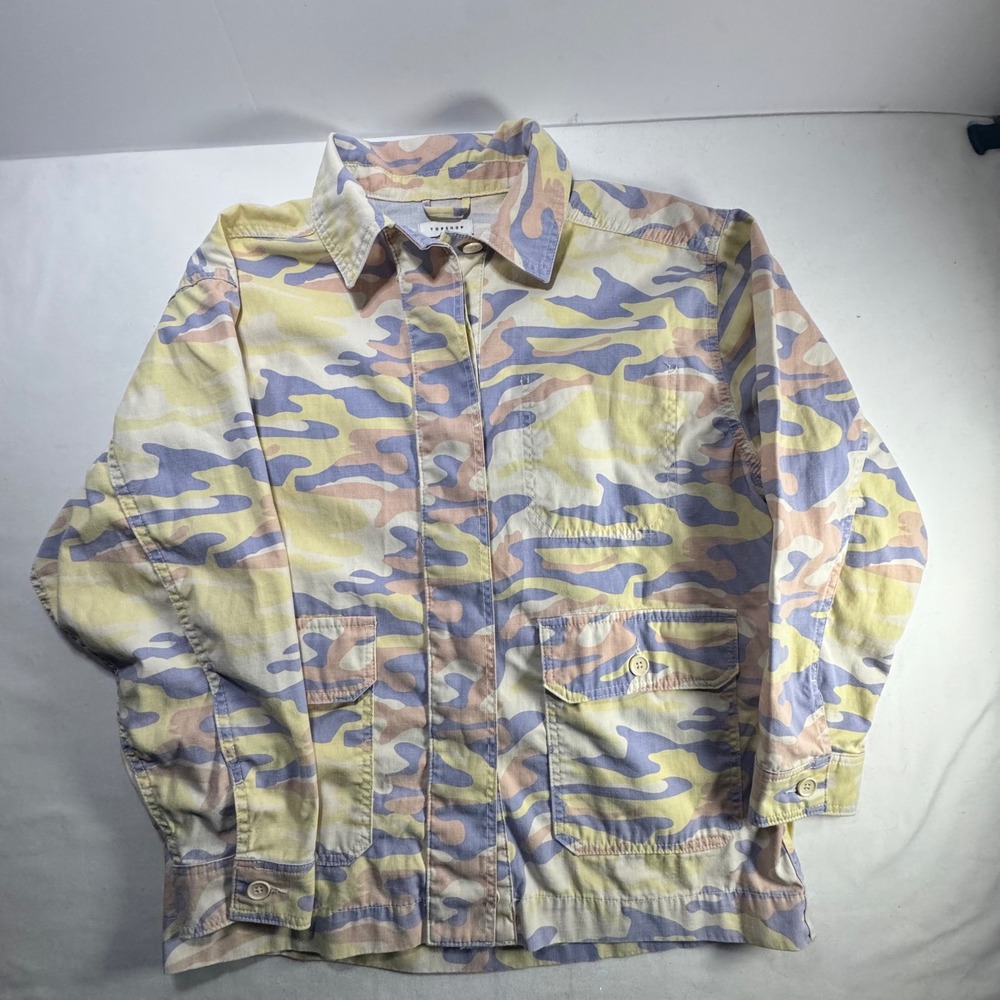 Topshop Utility Jacket Womens Medium Pastel Camo Button Up Lilac Yellow Top M